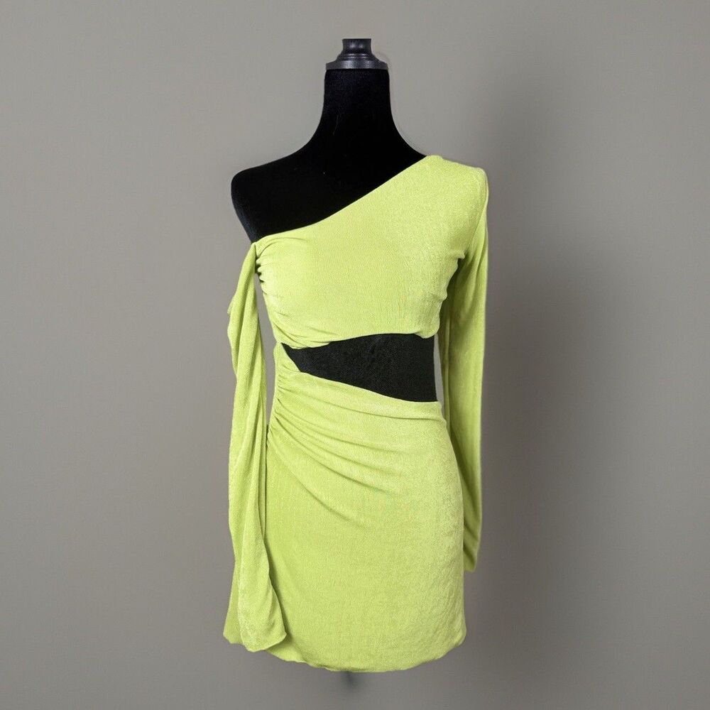 Oh Polly Textured Jersey Asymmetric Cut Out Mini Dress In Lime- Size 6 NWT - Picture 3 of 16